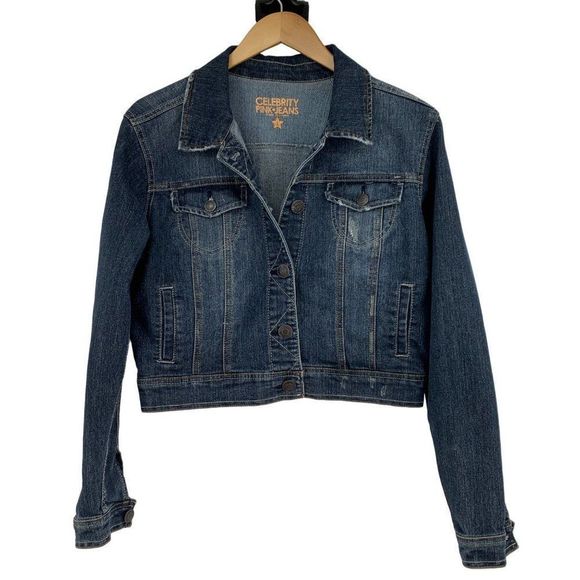 Womens Celebrity Pink Denim Jacket Size L Distress Crop Stretch 2350 EUC Dark - Picture 2 of 11